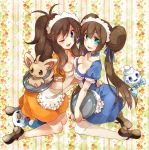 2girls alternate_costume apron blue_eyes breasts brown_hair cleavage double_bun floral_background flustered green_eyes hair_ribbon hand_on_hip hand_on_waist high_ponytail irouha kneeling long_hair maid maid_headdress mei_(pokemon) minccino multiple_girls nintendo one_eye_closed oshawott pantyhose pokemon pokemon_(game) pokemon_bw pokemon_bw2 ribbon thighhighs touko_(pokemon) tray twintails vanillite very_long_hair white_legwear wink yuri