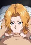  1boy 1girl :&gt;= ai_generated big_breasts bleach blue_eyes breasts breasts_bigger_than_head fellatio female_focus gigantic_breasts high_res long_hair male/female massive_breasts matsumoto_rangiku mature mature_female mature_woman nai_diffusion oral orange_hair patreon patreon_paid patreon_reward pov solo_focus stable_diffusion tofuro wavy_hair 