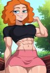    abs ai_generated bare_midriff big_breasts blue_eyes female_abs female_only ginger ginger_hair looking_at_viewer melissa_chase milo_murphy&#039;s_law miniskirt muscle muscular muscular_female orange_hair red_hair redhead stable_diffusion thick_thighs 