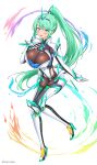  1girl alluring big_breasts cleavage feichu_keju green_eyes green_hair high_res nintendo pneuma_(xenoblade) ponytail white_background xenoblade_(series) xenoblade_chronicles_2 