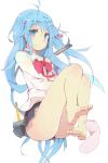  1girl ass bare_legs barefoot blue_eyes blue_hair blush bow boxcutter denpa_onna_to_seishun_otoko evers feet female footwear hair_ornament hairclip long_hair mechanical_pencil off_shoulder panties pencil pleated_skirt school_uniform simple_background sitting skirt smile socks solo toes touwa_erio underwear white_background white_panties 