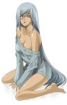 1_girl 1girl arm arm_support arms art bare_legs bare_shoulders barefoot breasts character_request cleavage code_geass dark_skin female grey_hair jyuru kneeling large_breasts legs long_hair long_sleeves looking_at_viewer naked_sweater off_shoulder ribbed_sweater shiny shiny_skin silver_hair sitting sleeves_past_wrists solo sweater v_arms very_long_hair villetta_nu yellow_eyes