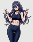  1girl ;) abs alluring athletic_female bare_arms bare_shoulders blue_eyes blue_hair blue_pants breasts closed_mouth collarbone double_v female_abs fire_emblem fire_emblem_awakening fit_female grey_background hair_between_eyes hands_up high_res long_hair looking_at_viewer lucina lucina_(fire_emblem) medium_breasts navel nintendo one_eye_closed pants rotomdocs signature simple_background smile thigh_gap twitter_username v very_long_hair 