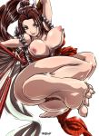 barefoot brown_eyes brown_hair erect_nipples fan feet female japanese_clothes kimono king_of_fighters long_hair madhatter_hello nipples pink_nipples ponytail shiranui_mai snk