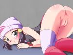 1_girl 1girl :o alternate_hair_color arm art artist_request ass babe beanie black_hair blush boots bottomless dawn female grey_background grey_eyes hair_ornament hat high_res highres hikari_(pokemon) legs long_hair looking_at_viewer looking_back lying nintendo no_panties on_stomach open_mouth pink_boots pink_skirt pokemon pokemon_(anime) pokemon_(game) pokemon_dppt poketch pussy shiny shiny_skin simple_background skirt skirt_up sleeveless solo thighhighs top-down_bottom-up uncensored upskirt watch white_thighhighs