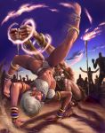 1girl 6+boys ankle_cuffs anklet barefoot battle blue_eyes bracelet capcom capoeira_(dance_style) dark_skin dhalsim elena_(street_fighter) facial_mark feet female jewelry judgefang multiple_boys nail_polish navel neck_ring soles street_fighter street_fighter_iii toes tribal white_hair yellow_eyes