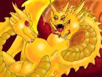  1girl 3_heads anus ass big_ass big_breasts big_nipples breastfeeding bubble_ass bubble_butt conjoined female_only ghidorah_(species) giantess gigantic_ass gigantic_breasts godzilla_(series) jespley jespleyelemofeliz king_ghidorah multi_head pussy solo_female yellow_eyes yellow_skin 