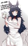  1girl ahri_(league_of_legends) animal_ear_fluff animal_ears bare_shoulders black_hair breasts can drink_can ehrrr english_text high_res league_of_legends long_hair looking_at_viewer naked_towel simple_background soda soda_can sprite_(drink) tail towel yellow_eyes 