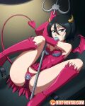  1girl ass black_hair bleach condom condom_in_mouth demon_girl demon_horns female_only horns kuchiki_rukia legs legs_apart long_legs medium_hair miniskirt on_back panties pervert pervert_female red_panties reit sex_invitation sexually_suggestive short_hair skirt solo_female succubus 