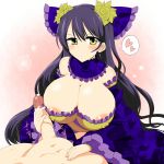  areola_slip areolae bare_shoulders black_hair blush breasts bursting_breasts detached_sleeves erect_nipples female handjob heart huge_breasts large_penis long_hair nipples penis sengoku_taisen very_long_hair wedge yellow_eyes 