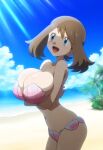  1girl 1girl 2024 alluring beach big_breasts blue_eyes blush blush brown_hair cleavage female_only gamefreak grin high_res human may_(pokemon) mayday_(artist) nintendo outside pokemon pokemon_(anime) pokemon_rse_(anime) smile 