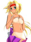 1girl aqua_eyes blonde_hair blush breasts cleavage dark_skin elen_(mabinogi) female hima large_breasts long_hair mabinogi nipple_slip nipples shirt_tan shorts_tan solo tan tanline undressing