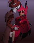  1boy1girl alastor_(hazbin_hotel) demon demon_girl genderswap genderswap_(ftm) genderswap_(mtf) grey_hair hazbin_hotel red_hair rosie_(hazbin_hotel) sharp_teeth trollreno 