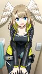 1girl alluring bathroom big_breasts blue_eyes bodysuit brown_hair cleavage clothed enchantedtee eunie_(xenoblade) feathered_wings jacket nintendo posing xenoblade_(series) xenoblade_chronicles_3