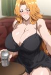 1girl ai_generated beer beer_can big_breasts bleach blue_eyes breasts breasts_bigger_than_head female_focus gigantic_breasts high_res long_hair massive_breasts matsumoto_rangiku mature mature_female mature_woman nai_diffusion orange_hair patreon patreon_paid patreon_reward solo_female stable_diffusion tofuro wavy_hair