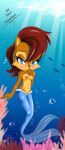  1girl alternate_species anthro archie_comics blue_eyes blush breasts brown_body brown_fur bubble chipmunk fish_tail fur ground_squirrel hair legless looking_at_viewer mammal marine merfolk mermaid_tail mermaidification navel nipples red_hair rodent sally_acorn sciurid sega siren sonic_(series) sonic_the_hedgehog_(archie) sonic_the_hedgehog_(comics) sonic_the_hedgehog_(series) split_form the_dark_mangaka underwater water 