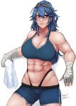  1girl abs after_workout alternate_breast_size alternate_hairstyle artist_signature athletic_female bandaged_arm bandages basedshark biceps big_breasts blank_background blue_eyes blue_hair blush cloth female_abs fire_emblem fire_emblem_awakening fit_female lucina lucina_(fire_emblem) nintendo ponytail princess royalty shorts six_pack slight_smile smile solo_female sports_bra sweat sweatdrop symbol-shaped_pupils thick_thighs thong thunder_thighs tiara triceps unusual_pupils wide_hips 