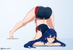  1girl 1girl ;) alluring alternate_costume ass ass_up azure_monarch bare_legs barefoot bikini blue_bikini blue_eyes blue_hair blue_swimsuit face_down_ass_up fire_emblem fire_emblem_awakening fire_emblem_cipher high_res jack-o_pose jackochallenge long_hair looking_at_viewer lucina lucina_(fire_emblem) lucina_(summer)_(fire_emblem) nintendo one_eye_closed smile spread_legs swimsuit wink 