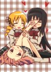  ahyaa akemi_homura bad_id barefoot black_hair blonde_hair blush checkered checkered_background closed_eyes feet female flying_sweatdrops foot_on_head foot_worship hair hairband hands_on_feet heart holding_another&#039;s_foot implied_pantyshot kaname_madoka mahou_shoujo_madoka_magica multiple_girls no_legwear open_mouth pantyhose pink_eyes pink_hair school_uniform short_hair skirt sweat sweatdrop toes tomoe_mami twintails 