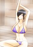 1girl alluring bare_legs big_breasts bikini black_hair cleavage kanisuka_rita mokuro_(artist) ohsama_sentai_king-ohger purple_bikini sauna short_hair steam steam_room super_sentai