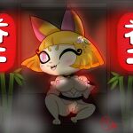 anthro bamboo baraag big_breasts blush breasts breasts digital_drawing_(artwork) digital_media_(artwork) fog fox furry japanese_mythology kimono nipples paper_lantern paws pussy spread_legs vixen wink winking winking_at_viewer yokai yokaiwatch