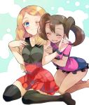  2girls arched_back arm arm_grab arms art bare_legs bare_shoulders barefoot black_legwear black_shirt black_thighhighs blonde blonde_hair blue_eyes blush bracelet breasts brown_hair closed_eyes collared_shirt dark_skin feet female friends from_behind hair happy highres hug hug_from_behind hugging irouha jewelry kneel kneeling leaning leaning_forward legs legwear long_hair multiple_girls mutual_yuri neck nintendo open_mouth pink_shirt pleated_skirt pokemon pokemon_(anime) pokemon_(game) pokemon_xy quad_tails red_skirt sana_(pokemon) serena serena_(pokemon) shauna shiny shiny_hair shirt short_shorts shorts sitting skirt sleeveless sleeveless_shirt smile thighhighs twintails wariza wince yuri 