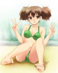  1girl barefoot bikini brown_eyes brown_hair double_v feet female hands k-on! kaiga long_legs short_hair smile soles solo suzuki_jun swimsuit toes v 