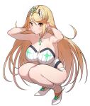  1girl adjusting_hair alluring big_breasts bikini blonde_hair chest_jewel cleavage closed_mouth earrings green322 hair_between_eyes hand_in_pocket high_res jewelry long_hair looking_at_viewer mythra nintendo one-piece_bikini squatting swept_bangs swimsuit tiara white_footwear white_one-piece_bikini xenoblade_(series) xenoblade_chronicles_2 yellow_eyes 