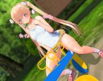 blonde_hair blue_eyes long_hair masturbation minamo_rm miniskirt orgasm_face outside panties_around_leg sitting skirt_lift twin_tails vaginal_juices