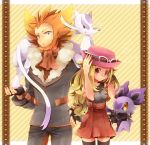 1boy 1girl artist_request beard blonde_hair facial_hair fingerless_gloves fleur-de-lis_(pokemon) formal gloves hat mienshao nintendo noibat pokemon pokemon_(game) pokemon_xy red_eyes red_hair serena_(pokemon) shooting-star skirt suit wings yellow_eyes