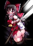 1girl arms_behind_back ass ball_gag bdsm black_hair blush bondage bound breasts crotch_rope female gag gagged hakurei_reimu highres lilish long_hair looking_at_viewer no_panties ribbon rope saliva shibari sweat tears touhou