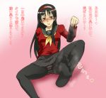 1girl amagi_yukiko atlus black_eyes black_hair blush drunk feet female hairband hiccup k2_(pixiv1130508) long_hair panties panties_under_pantyhose pantyhose persona persona_4 school_uniform skirt smell smelly_feet smile solo striped striped_panties translated underwear