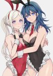 2_girls alluring alternate_costume big_breasts black_leotard blue_eyes bowtie breasts bunny_ears bunny_girl bunny_tail bunnysuit byleth_(fire_emblem) byleth_(fire_emblem)_(female) detached_collar edelgard_von_hresvelg fake_animal_ears fake_tail fire_emblem fire_emblem:_three_houses hugging hugging leotard long_hair looking_at_viewer medium_breasts neck_tie nintendo playboy_bunny ponytail red_leotard shimizu_akina teal_hair white_hair wrist_cuffs