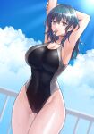 1girl 1girl alluring alternate_costume arms_up bare_arms bare_legs big_breasts black_one-piece_swimsuit blue_eyes blue_sky breasts byleth_(fire_emblem) byleth_(fire_emblem)_(female) cleavage cloud commentary_request competition_swimsuit covered_navel cowboy_shot day fire_emblem fire_emblem:_three_houses groin hazuki_(nyorosuke) high_res long_hair mouth_hold nintendo one-piece_swimsuit railing sky standing swimsuit teal_hair thighs whistle