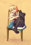 1girl alice_margatroid black_legwear blonde_hair blue_eyes blush capelet chair crossed_arms crossed_legs feet female hairband highres kimarin legs_crossed open_mouth panties panties_under_pantyhose pantyhose short_hair sitting soles solo thighband_pantyhose touhou underwear yellow_background