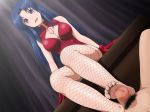 1girl blue_hair breasts censored cleavage dutch_angle ez-nerg feet female femdom fishnets footjob gloves kawashima_ami leather legs long_hair minamizumi penis pubic_hair purple_eyes sitting smile solo_focus thighhighs toradora! zipper