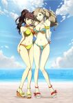 1girl 2_girls alluring alternate_costume ann_takamaki atlus bikini breasts cleavage clothing crossover footwear human kujikawa_rise lovers_arcana marion_art megami_tensei outside outside pale_skin persona persona_4 persona_5 swimsuit swimwear