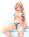 1girl bikini blonde_hair blush breasts brown_hair cameltoe erect_nipples female glasses highres ishii_akira large_breasts long_hair micro_bikini navel original panties partially_visible_vulva red_eyes shiny shiny_skin sitting smile solo spread_legs string_bikini swimsuit thong_bikini underwear wet wet_panties