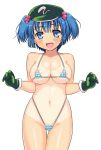  1girl bikini blue_eyes blue_hair blush breasts cleavage female gloves groin highleg highleg_bikini highleg_swimsuit kawashiro_nitori looking_at_viewer micro_bikini mound_of_venus navel open_mouth simple_background solo striped striped_bikini striped_swimsuit swimsuit takadoya tan tanline touhou white_background 