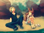  1boy 1girl aonik bare_legs barefoot beach blonde_hair blue_eyes brown_eyes brown_hair denji_(pokemon) dress gym_leader hair_ornament mikan_(pokemon) pokemon pokemon_(game) pokemon_diamond_and_pearl pokemon_dppt pokemon_hgss short_hair sitting skirt smile twintails white_dress white_skirt wind 