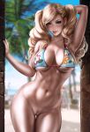  1girl absurd_res alluring ann_takamaki arm_up athletic_female bare_legs big_breasts bikini bikini_top blonde_hair blue_eyes breasts child_bearing_hips cute_face dandon_fuga female_abs female_focus female_only fit_female hair_ornament high_res high_resolution hips large_filesize light-skinned_female light_skin long_hair looking_at_viewer naked_from_the_waist_down persona persona_5 slim_girl slim_waist standing swimsuit thick_thighs thighs twin_tails very_high_resolution 