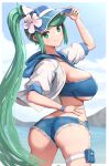  1girl alluring ass bangs big_breasts bikini bikini_top booty_shorts dat_ass gonzarez green_eyes green_hair long_hair nintendo pneuma_(xenoblade) ponytail short_shorts shorts smile swept_bangs swimsuit xenoblade_(series) xenoblade_chronicles_2 