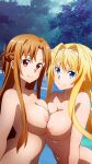  2_girls alice_schuberg alluring asuna_(sao) auburn_hair big_breasts blonde_hair blue_eyes brown_eyes completely_nude heroines nipples nude pimi skinny_dipping swimming_pool sword_art_online symmetrical_docking teen teenage_girl yuri 