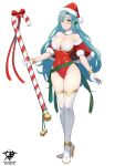  1girl alluring alternate_costume aqua_hair bare_shoulders big_breasts blue_hair bow breasts candy candy_cane chloe_(fire_emblem) christmas christmas_outfit cleavage collar covered_navel female_only fire_emblem fire_emblem_engage food full_body fur_collar green_eyes groin hat high_heels holding holding_candy holding_food kaos_art leotard long_hair looking_at_viewer nintendo off-shoulder_leotard red_bow red_headwear red_leotard santa_hat short_sleeves simple_background smile standing stockings thighs very_long_hair white_background white_collar white_thighhighs 