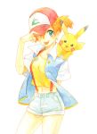  1girl :3 adjusting_clothes adjusting_hat animal animal_on_shoulder arm_behind_back bangs baseball_cap blue_eyes breasts cowboy_shot creatures_(company) crop_top crop_top_overhang denim denim_shorts electric_type_pokemon game_freak gen_1_pokemon green_eyes gym_leader hand_up hat humans_of_pokemon jacket kasumi_(pokemon) looking_at_viewer midriff misty_(pokemon) navel nintendo orange_hair out-of-frame_legs pikachu pokemon pokemon_(anime) pokemon_(creature) pokemon_(game) pokemon_(species) pokemon_red_green_blue_&amp;_yellow pokemon_rgby ponytail satoshi_(pokemon) satoshi_(pokemon)_(cosplay) shirt short_hair short_ponytail short_shorts short_sleeves shorts side_ponytail simple_background smile suspenders tank_top tongue tongue_out white_background wide_ponytail yellow_fur yellow_shirt yoichi_(119-41) 