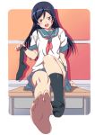 1girl aragaki_ayase barefoot black_hair blush brown_eyes desk feet female fingernails head_tilt highres holding kanna_kanaki legs long_fingernails long_hair looking_at_viewer no_shoes open_mouth ore_no_imouto_ga_konna_ni_kawaii_wake_ga_nai pov pov_feet school_desk school_uniform serafuku single_sock sitting skirt sock_removed socks soles solo toes