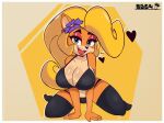 1girl accessory activision anthro arm_support artist_name bandicoot big_breasts black_bra black_clothing black_legwear black_panties black_thighhighs black_underwear blonde_hair bra breasts cleavage clothed clothing coco_bandicoot colored countershade_face countershade_torso countershading crash_(series) crash_bandicoot_(series) ear_piercing earrings eyelashes fang flower flower_in_hair furry green_eyes hair hair_accessory hair_ornament half-closed_eyes heart huge_breasts kneel kneeling legwear long_hair looking_at_viewer mammal marsupial multicolored_body multicolored_face multicolored_skin narrowed_eyes navel open-mouth_smile open_mouth open_smile orange_body orange_skin panties piercing ponytail portrait sexy sexy_body sexy_breasts smile smiling_at_viewer stockings supergal64 tan_body tan_countershading tan_skin thick_thighs thighs tied_hair two_tone_body two_tone_face two_tone_skin underwear