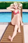 1girl 1girl 1girl absurd_res alluring ann_takamaki bare_legs barefoot blonde_hair crossed_legs feet female_only foot_fetish high_res kairuhentai kairunoburogu looking_at_viewer persona persona_5 posing swimming_pool toes twin_tails