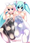 2_girls ahen aqua_eyes blonde_hair blue_eyes breasts crossed_legs feet female female_only hair_ribbon hand_on_another's_chest hand_on_chest hand_on_own_chest hand_to_chest hatsune_miku kagamine_rin legs_crossed long_hair miku_hatsune multiple_girls nipples no_nose no_shoes pantyhose pov_feet ribbon rin_kagamine short_hair sitting smile soles toes topless twin_tails very_long_hair vocaloid white_legwear white_pantyhose