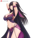  1girl alluring alternate_costume arms_behind_head big_breasts breasts brown_eyes cleavage dancer female_only fire_emblem fire_emblem_awakening fire_emblem_heroes hayato_stuff high_res legs long_hair looking_at_viewer milf navel nintendo pose tharja tharja_(fire_emblem) thighs 